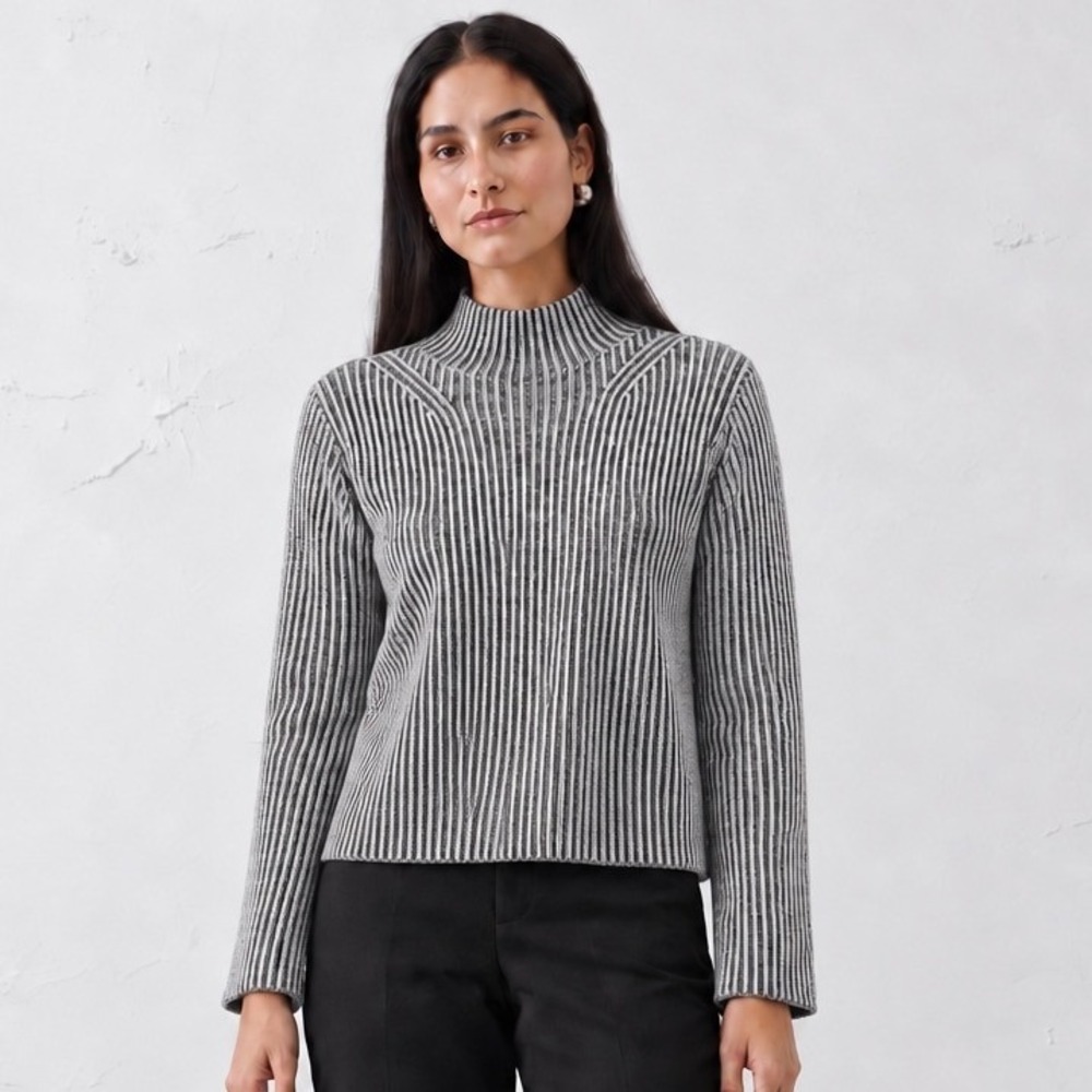 Banana Republic Women Merino Wool Ribbed Mock Neck Sweater S Grey Bell Sleeve